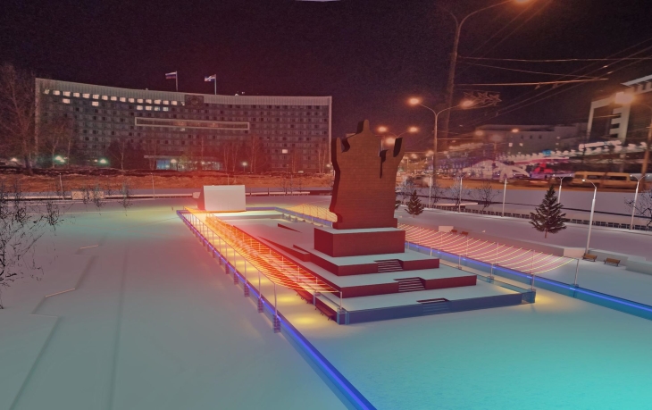 Каток в этом году расположится прямо вокруг памятника Героям фронта и тыла, здесь же будут горка для катания на сноутюбах и новогодняя ярмарка.