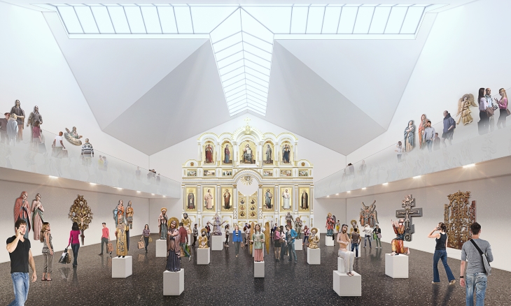  Для зала, где будет располагаться знаменитая коллекция скульптуры, предусмотрено оформление, напоминающее церковное пространство. 